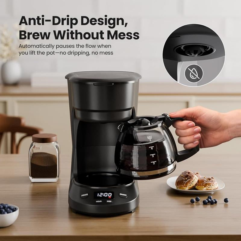KISMILE Compact Drip Coffee Maker 5-Cup Anti-Drip System Timer Removable Funnel Auto Shut-Off Anti-Dry Protection Dishwasher-Safe for Home & Office Black