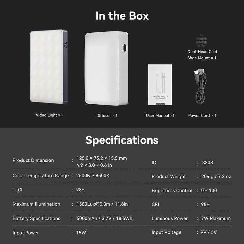 RM120 RGB Video Light, 5000Mah 180 Minutes Portable Camera Light 7W Output Power, LED Video Light Panel, 2500-8500K CRI TLCI 98+ For, Content Creator, Photographer