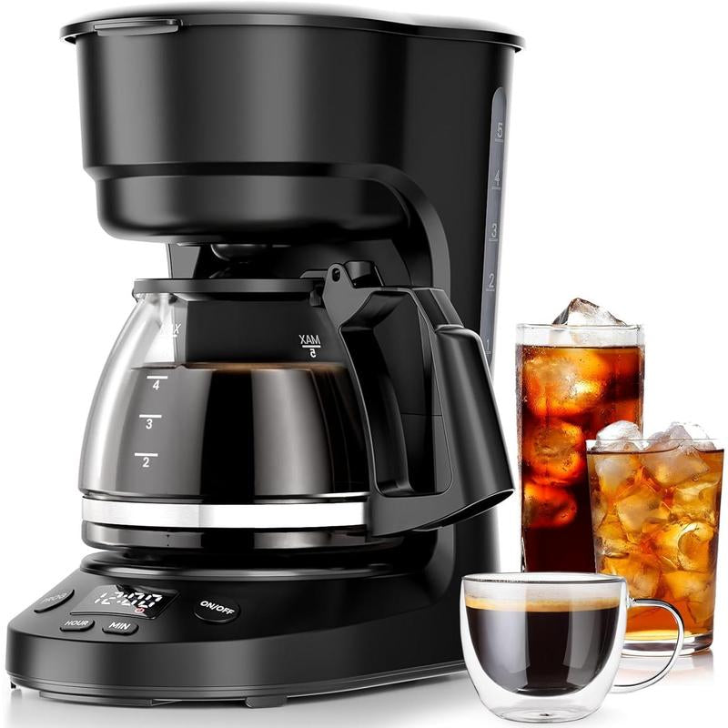 KISMILE Compact Drip Coffee Maker 5-Cup Anti-Drip System Timer Removable Funnel Auto Shut-Off Anti-Dry Protection Dishwasher-Safe for Home & Office Black
