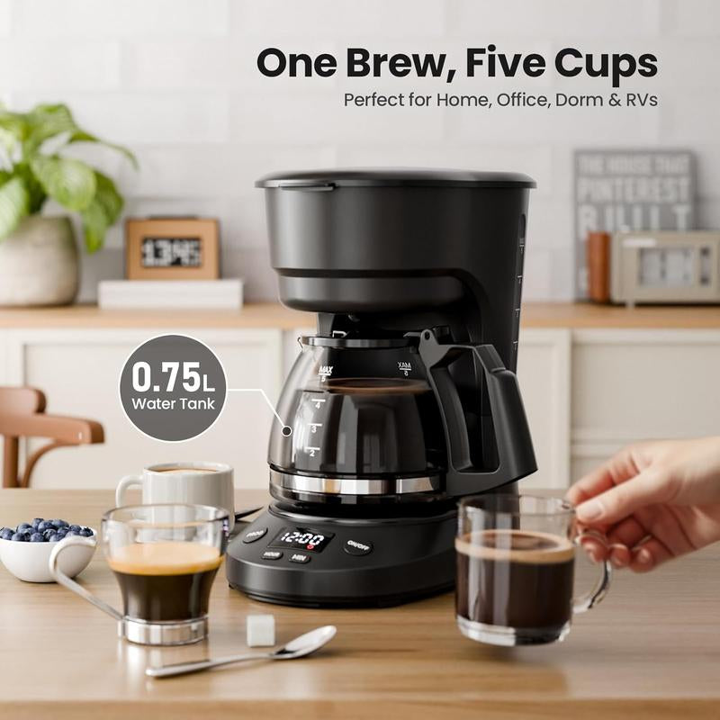 KISMILE Compact Drip Coffee Maker 5-Cup Anti-Drip System Timer Removable Funnel Auto Shut-Off Anti-Dry Protection Dishwasher-Safe for Home & Office Black