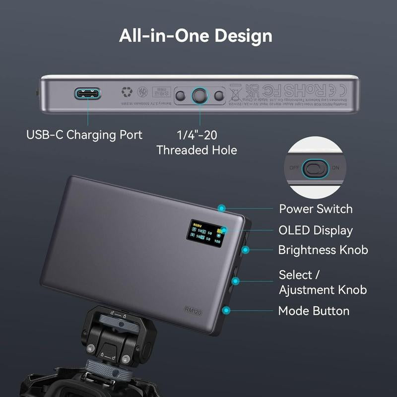 RM120 RGB Video Light, 5000Mah 180 Minutes Portable Camera Light 7W Output Power, LED Video Light Panel, 2500-8500K CRI TLCI 98+ For, Content Creator, Photographer
