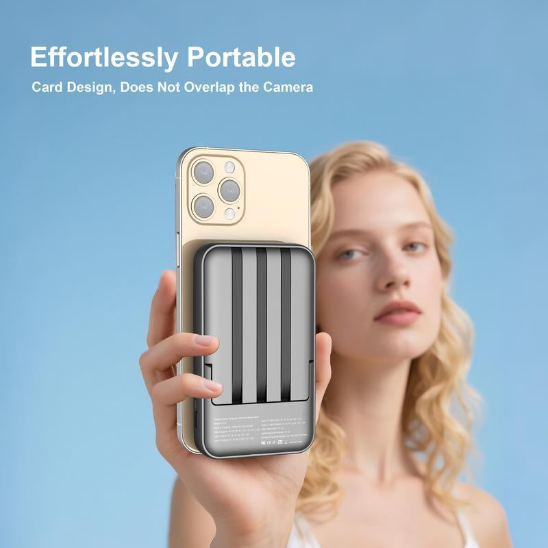 Magnetic Power Bank, 10,000Mah Wireless Portable Charger with 22.5W Max Fast Charging, Built-In USB-C and Lightning Cable, Fast Charging Battery Pack with Phone Stand for Iphone 16/15/14/13/12/Pro/Pro Max