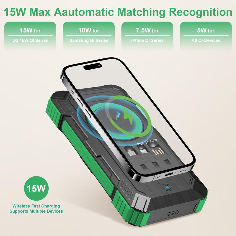 Tainbat Solar Power Bank 49800Mah | 15W Wireless Charging | Built-In 4 Cables | 22.5W PD Fast Charging | Rugged Outdoor Power Bank for All Devices Battery Pack