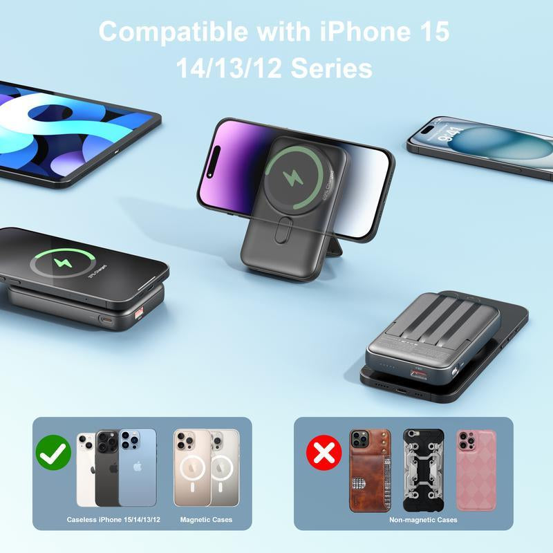 Magnetic Power Bank, 10,000Mah Wireless Portable Charger with 22.5W Max Fast Charging, Built-In USB-C and Lightning Cable, Fast Charging Battery Pack with Phone Stand for Iphone 16/15/14/13/12/Pro/Pro Max
