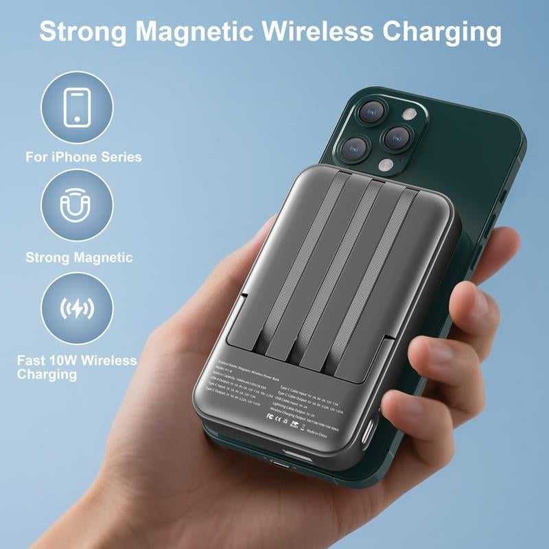 Magnetic Power Bank, 10,000Mah Wireless Portable Charger with 22.5W Max Fast Charging, Built-In USB-C and Lightning Cable, Fast Charging Battery Pack with Phone Stand for Iphone 16/15/14/13/12/Pro/Pro Max