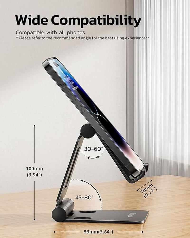 Dual Folding Cell Phone Stand, Fully Adjustable Foldable Desktop Phone Holder Cradle Dock Compatible with Phone 16 15 14 13 12 11 Pro Xs Xs Max Xr X 8 Compact Smartphone Cellphone Mount