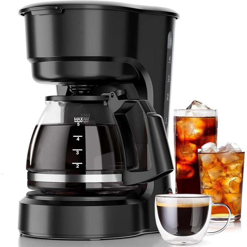 KISMILE Compact Drip Coffee Maker 5-Cup Anti-Drip System Timer Removable Funnel Auto Shut-Off Anti-Dry Protection Dishwasher-Safe for Home & Office Black