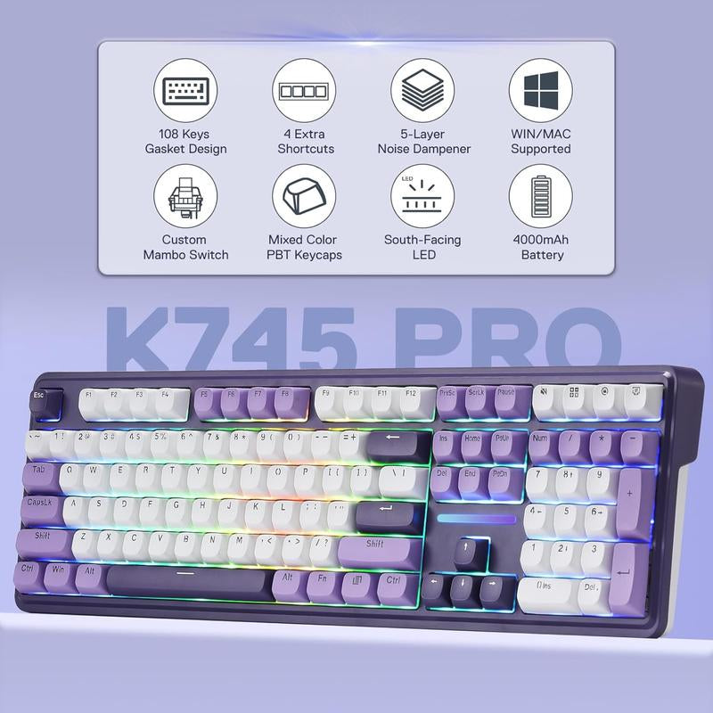 Redragon K745 PRO Wireless Gasket RGB Gaming Keyboard, 108 Keys Mechanical Keyboard W/Extra 4 Hotkeys, Hot-Swap South-Facing LED Socket, 5-Layer Noise Dampening, round PBT Keycaps, Mint Mambo Switch,Charming Purple