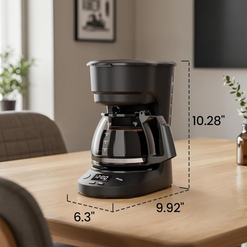 KISMILE Compact Drip Coffee Maker 5-Cup Anti-Drip System Timer Removable Funnel Auto Shut-Off Anti-Dry Protection Dishwasher-Safe for Home & Office Black