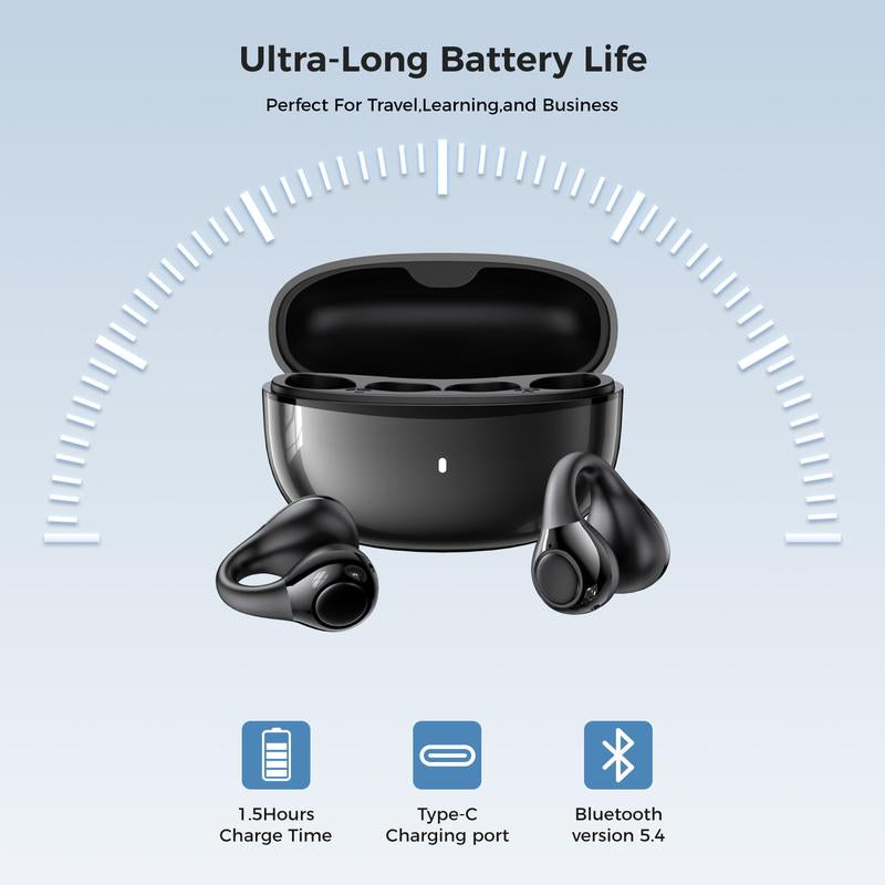 Clip on Earbuds,Open Ear Wireless Headphones Bluetooth 5.4 with Mic,Waterproof,Sports Headset,Comfortable for Small Ears & Glasses Wearers,Black