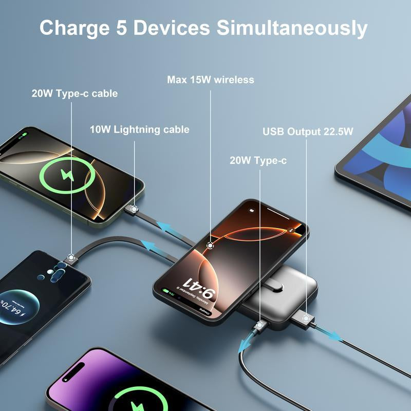 Magnetic Power Bank, 10,000Mah Wireless Portable Charger with 22.5W Max Fast Charging, Built-In USB-C and Lightning Cable, Fast Charging Battery Pack with Phone Stand for Iphone 16/15/14/13/12/Pro/Pro Max