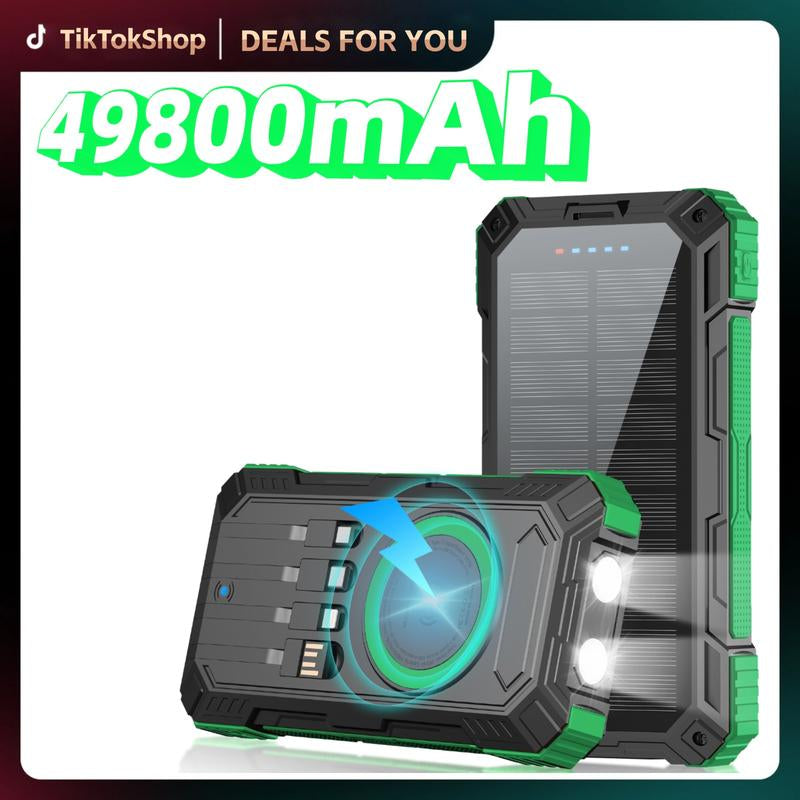Tainbat Solar Power Bank 49800Mah | 15W Wireless Charging | Built-In 4 Cables | 22.5W PD Fast Charging | Rugged Outdoor Power Bank for All Devices Battery Pack