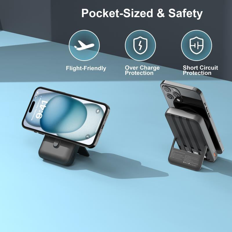 Magnetic Power Bank, 10,000Mah Wireless Portable Charger with 22.5W Max Fast Charging, Built-In USB-C and Lightning Cable, Fast Charging Battery Pack with Phone Stand for Iphone 16/15/14/13/12/Pro/Pro Max