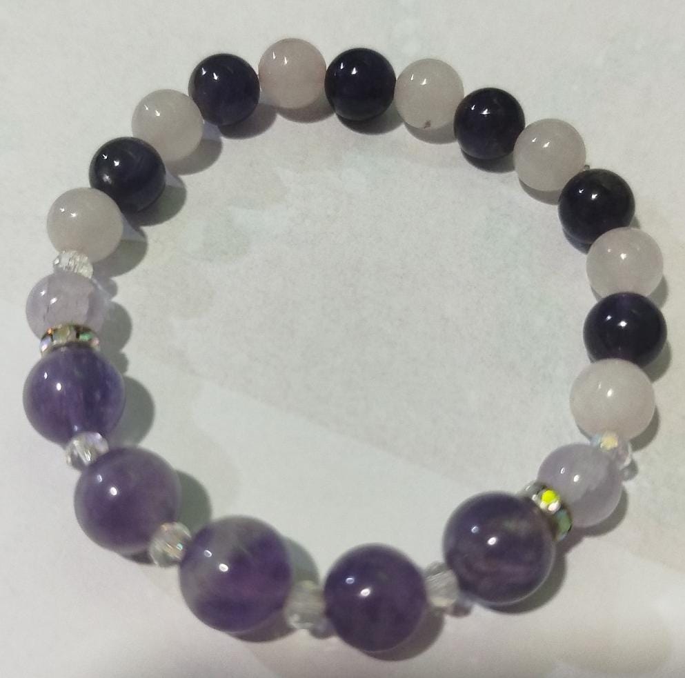 Pulsera de Piedra Natural de Amatista, Cuarzo Rosa, Crital de Murano y accesorios de acero.