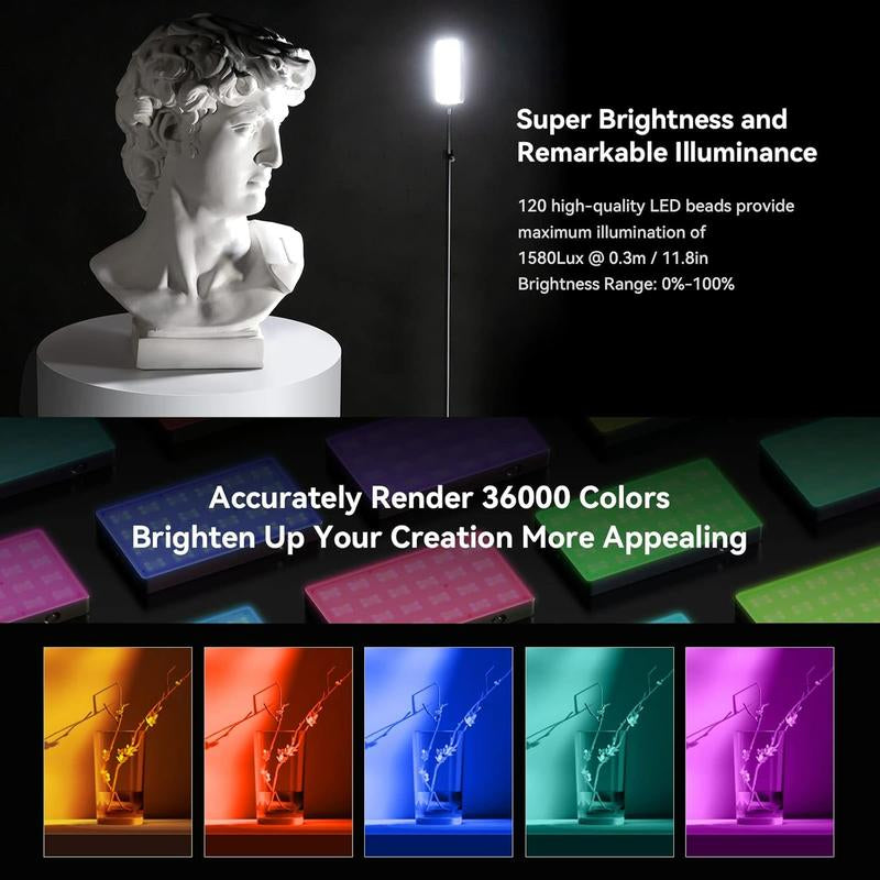 RM120 RGB Video Light, 5000Mah 180 Minutes Portable Camera Light 7W Output Power, LED Video Light Panel, 2500-8500K CRI TLCI 98+ For, Content Creator, Photographer