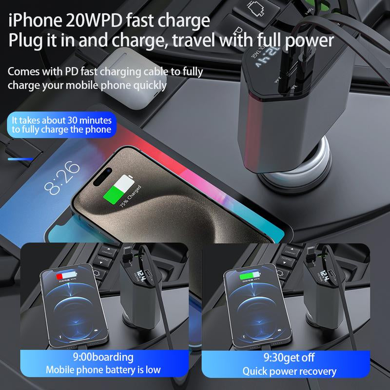 Retractable Car Charger 120W USB-C Fast Charging PD3.0, Iphone Car Charger Adapter, Car Travel Essentials, Compatible with Iphone 16/15/14, Ipad, Samsung, Tesla, Car Gift