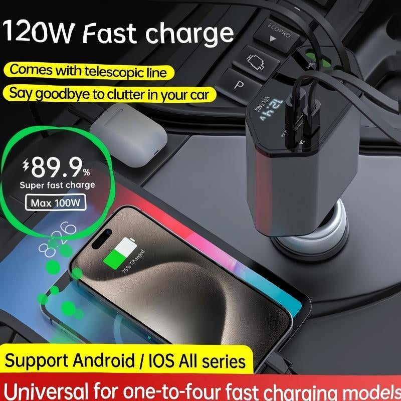 Retractable Car Charger 120W USB-C Fast Charging PD3.0, Iphone Car Charger Adapter, Car Travel Essentials, Compatible with Iphone 16/15/14, Ipad, Samsung, Tesla, Car Gift