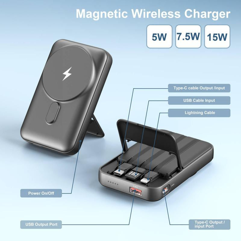 Magnetic Power Bank, 10,000Mah Wireless Portable Charger with 22.5W Max Fast Charging, Built-In USB-C and Lightning Cable, Fast Charging Battery Pack with Phone Stand for Iphone 16/15/14/13/12/Pro/Pro Max