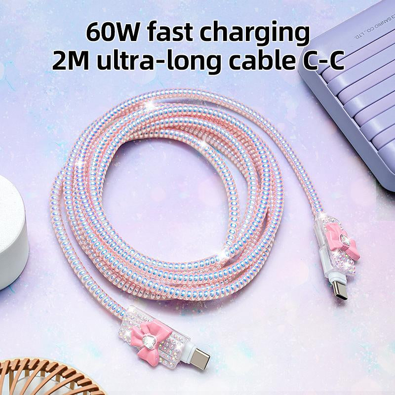 60W Type-C to Type-C Fast Charging Cable, 2M Extra Long Crystal Bowknot Data Line, Fast Charging Mobile Smartphone Charging Cable for Iphone, Samsung, Ipad