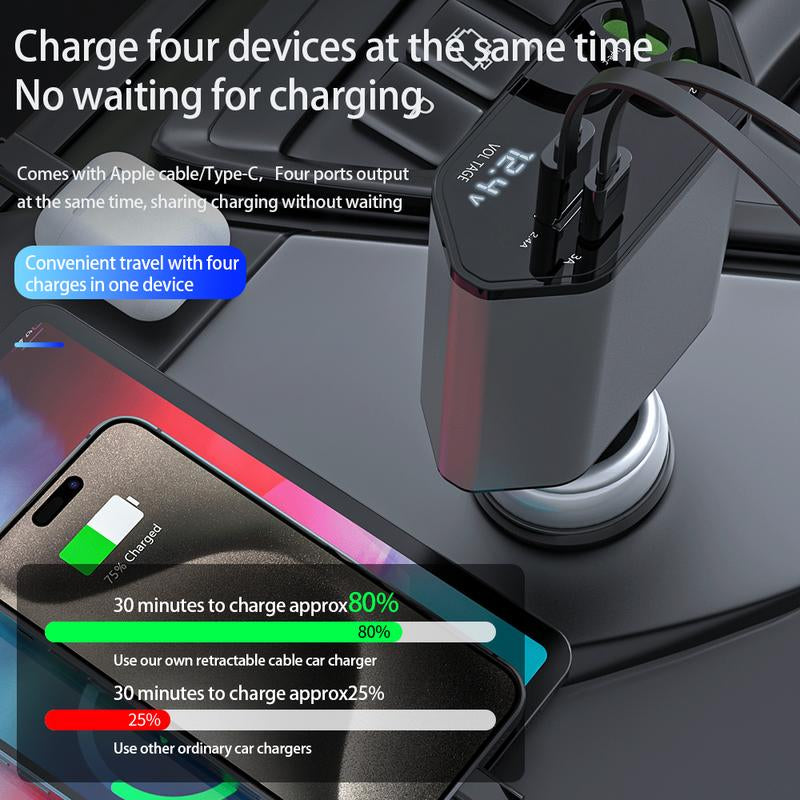 Retractable Car Charger 120W USB-C Fast Charging PD3.0, Iphone Car Charger Adapter, Car Travel Essentials, Compatible with Iphone 16/15/14, Ipad, Samsung, Tesla, Car Gift